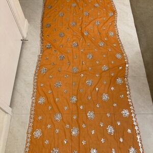 Orange Sheer Scarf With Sequins Embroidered Long